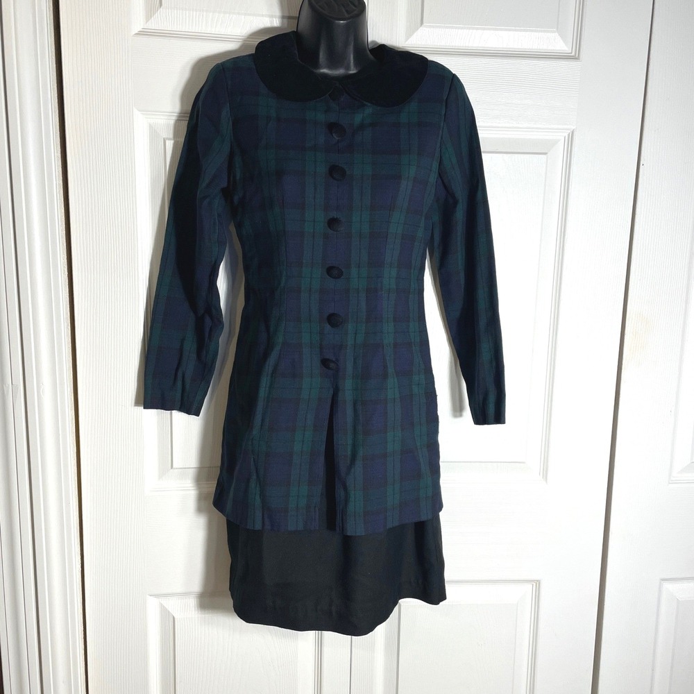 Vintage J G Hook Plaid Dress Petite 6 Green Blue 90s Velvet Collar Long Sleeve